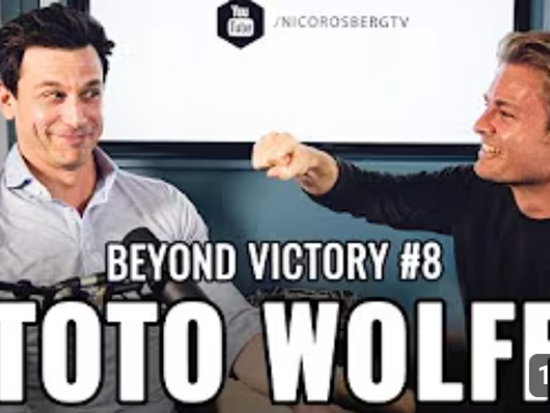 Two men in a video interview titled "Beyond Victory #8 Toto Wolfe" with a timestamp of 1:09:47.