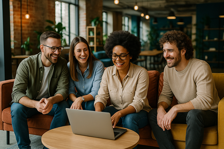 Team sitting together in front of a laptop and smiling