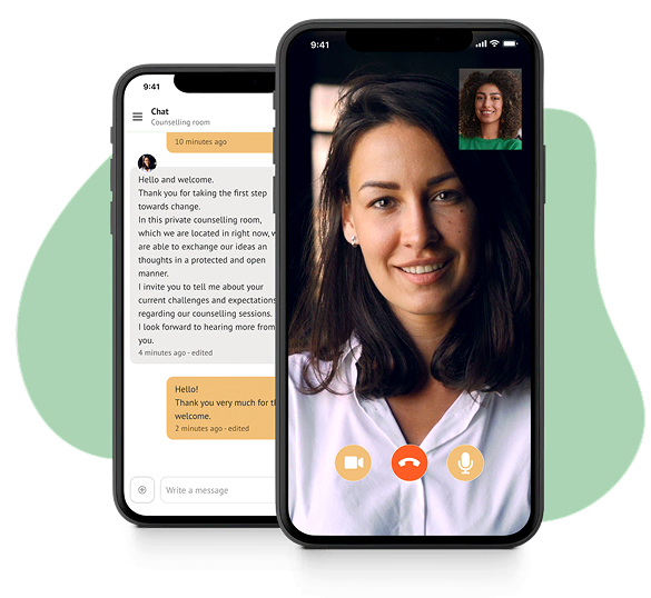 Two smartphones showing online counselling: a video call with two people and a chat